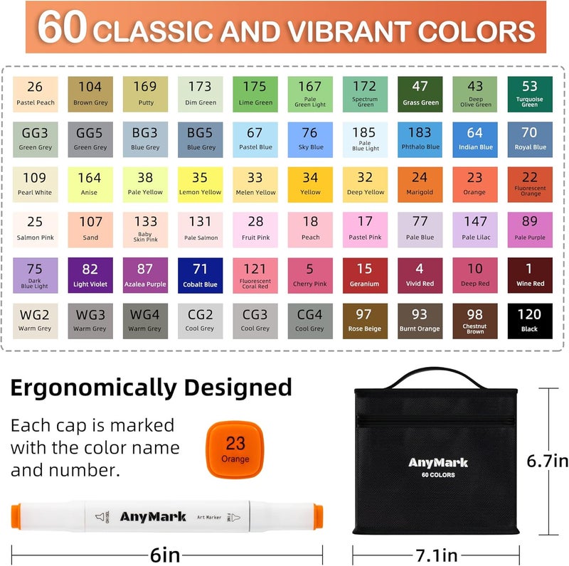 Anymark Alcohol Markers, 60 Colors Dual Tip Art Coloring Markers Set for Kids Adult Book Drawing Sketching Painting, Chisel & Fine, White Penholder - Image 5